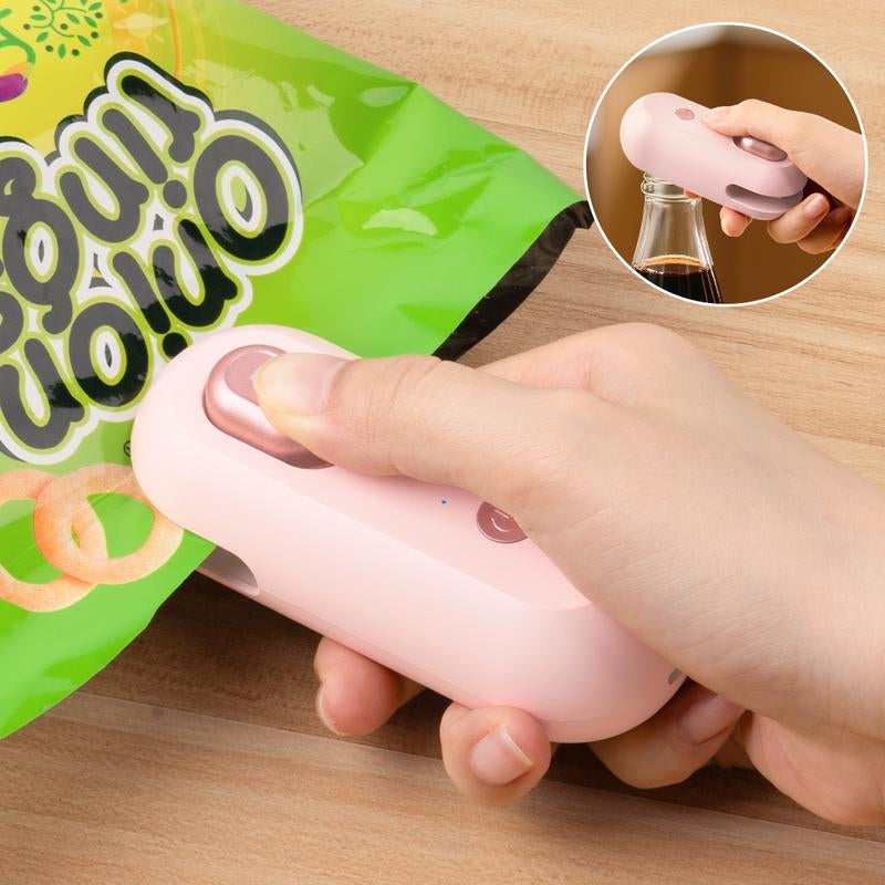 IMOLI New 4 in 1 Mini Sealing Machine Snack Bag , Portable Beer Bottle Opener & Built-In Cutter, USB Rechargeable Plastic Heat Sealer for Food & Snack Storage, Magnetic & Hanging Design, Plastic Bag Sealer, Home, Kitchen, Picnic, Camping