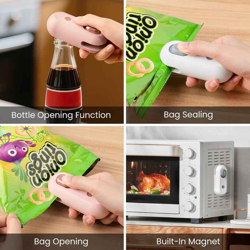 IMOLI New 4 in 1 Mini Sealing Machine Snack Bag , Portable Beer Bottle Opener & Built-In Cutter, USB Rechargeable Plastic Heat Sealer for Food & Snack Storage, Magnetic & Hanging Design, Plastic Bag Sealer, Home, Kitchen, Picnic, Camping